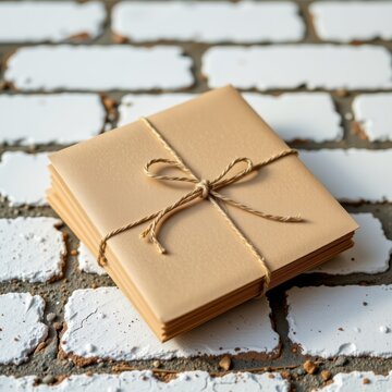 Stack of brown envelopes tied with string on white stone pavement surface