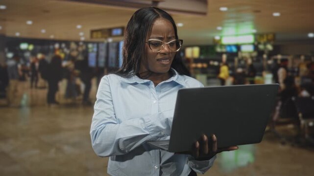 Woman holding laptop, typing and frowning while checking screen near departure boards in airport terminal; frustration problem solving.