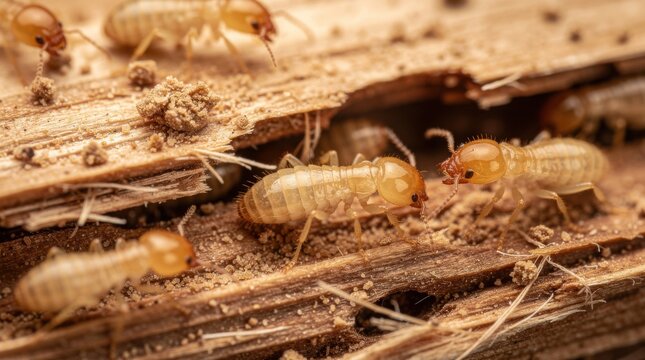 A macro photograph of a termite colony infesting and destroying wood, showcasing the pests that cause significant structural property damage.