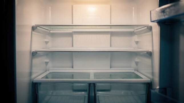 A look inside a clean, empty refrigerator. The stark, bare shelves and drawers are illuminated, symbolizing scarcity, poverty, or a fresh start.