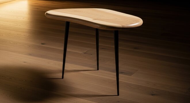 Sculptural modern accent table with organically shaped wooden surface and thin black legs on wood flooring