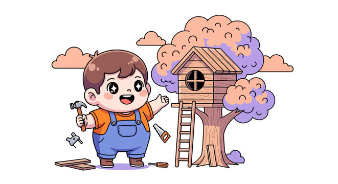 Happy Child Building Treehouse With Wooden Tools.