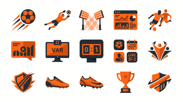 Football championship icon set with soccer ball, goalkeeper, stadium lights, analytics, players, VAR monitor, scoreboard, schedule, team emblem, boots, and trophy cup vector illustration