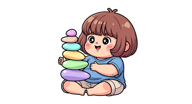 Cute cartoon child playing with colorful stacking rings toy.