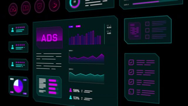 High tech dashboard visualizing advertising performance, click through rates, and audience engagement stats.