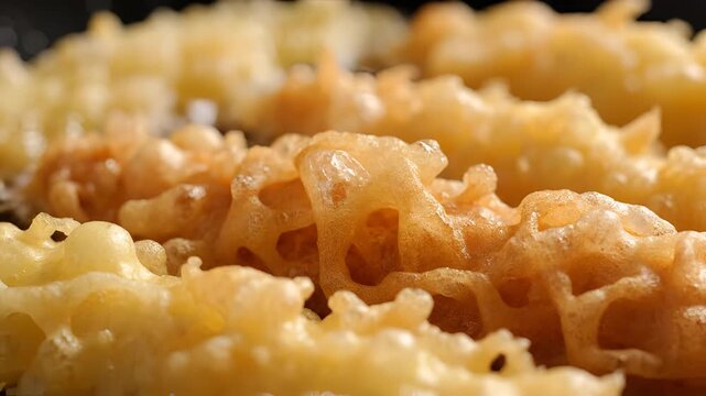 Closeup Macro Shot of Crispy Golden Fried Funnel Cake Batter.