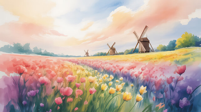 Illustration of a beautiful rural landscape with windmills