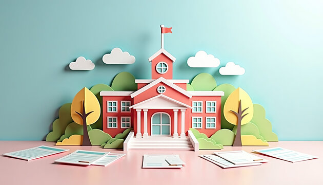 3D paper school building with colorful trees and clouds for school registration day