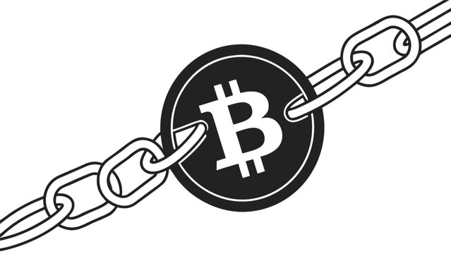 Bitcoin coin symbol connected to iron chain links with blockchain cryptocurrency security currency connection
