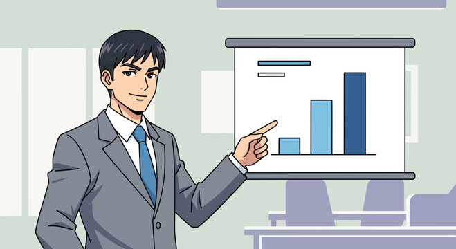 Business man presenting a financial growth chart on a whiteboard.