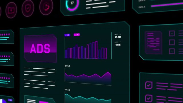 High tech interface displaying advertising audience demographics and user behavior analytics.