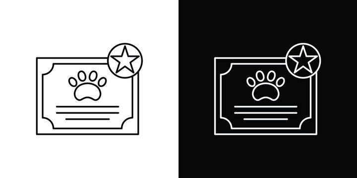 Outline vector icon of a pet award certificate with a paw print and star, symbolizing animal achievement, recognition, and excellence
