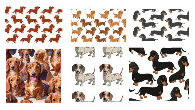 A collection of six separate seamless dachshund vector patterns featuring multiple doxie styles, including smooth coat, longhair, piebald, black and tan, and spotted wiener dogs. 