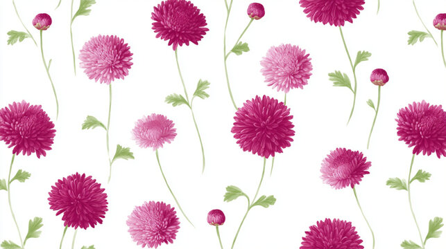 Watercolor seamless pattern with vibrant magenta and pink aster flowers on white background.