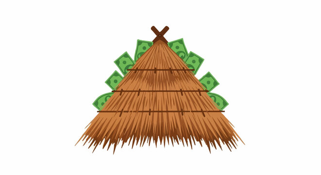 Tropical hut roof made from green money bundles illustration.