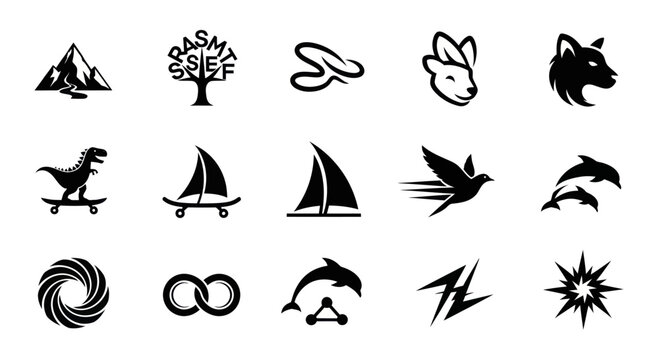 Diverse Black Vector Icons: Animals, Nature, Symbols, and Objects