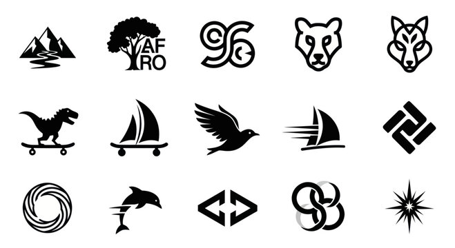 Diverse Black Vector Icons: Animals, Nature, Sports, Technology, Abstract Symbols