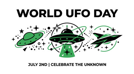 World UFO Day Celebration: Flying Saucers, Stars, and Outer Space Design © Nak