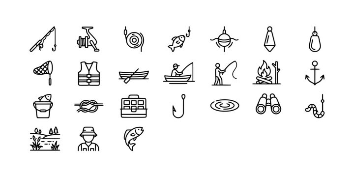 Icon set collection of fishing gear and lakeside recreation featuring rods, lures, boats, hooks, buckets, and camping equipment graphics.