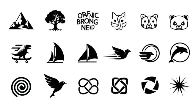 Diverse Collection of Vector Icons: Animals, Nature, Symbols, and Abstract Designs