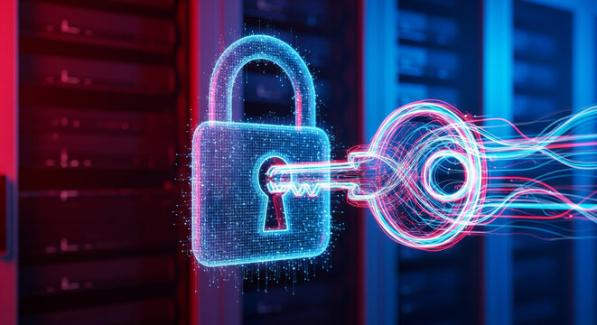Secure Data Room Corridor With Glowing Virtual Cyber Padlock Overlay