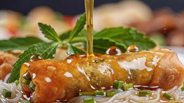 Delicious Spring Roll Being Drizzled with Golden Sauce and Garnished with Mint.