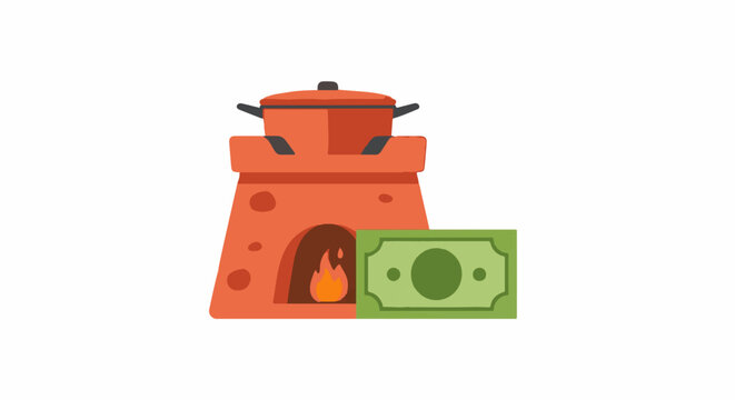 Cartoon oven with money savings financial concept illustration.
