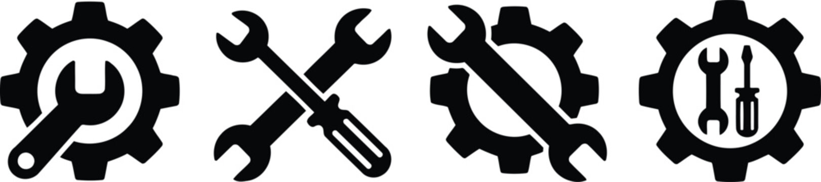Mechanical industrial repair tools icon set featuring gears and wrenches, industrial