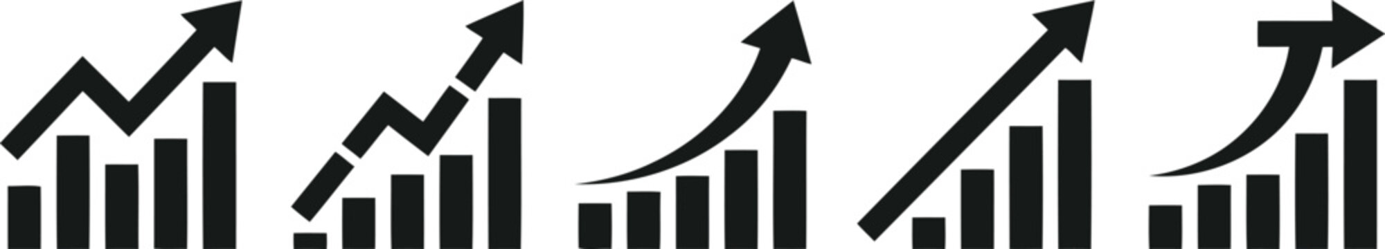 Set of five business growth rising bar charts and trend graphs with business, analysis