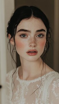 Elegant Portrait of a Young Woman. Her striking blue eyes and natural beauty is enhanced with subtle makeup and a delicate lace dress.