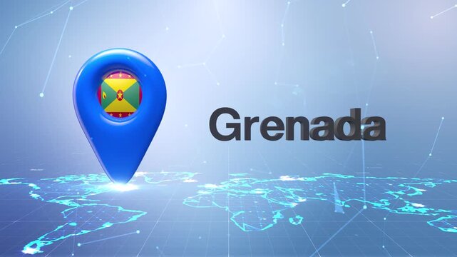 Grenada Flag Inside Location Pin On Digital World Map Animation