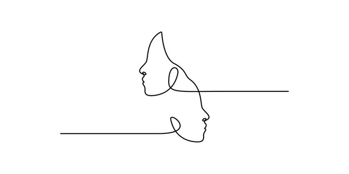 Continuous line art of two opposite faces profile. Minimalist man and woman faces in one line drawing vector. Abstract concept of psychology, communication, relationship, or split personality