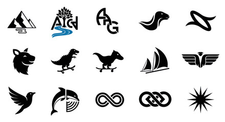 Fototapeta premium Modern Vector Logo Icons Collection: Mountains, Nature, Animals, Dinosaurs, Infinity