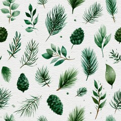 Naklejka premium This artwork showcases a seamless pattern of pine branches, cones, and needles on white textured paper.