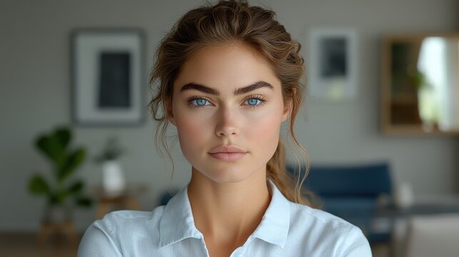 A stunning headshot of a woman with piercing blue eyes and wavy brown hair pulled back, standing confidently in a modern, softly lit room.