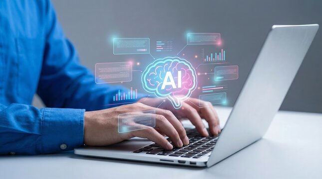 Business analyst typing on laptop with holographic AI brain, intelligent text extraction network for artificial intelligence automated document analysis and digital data management.