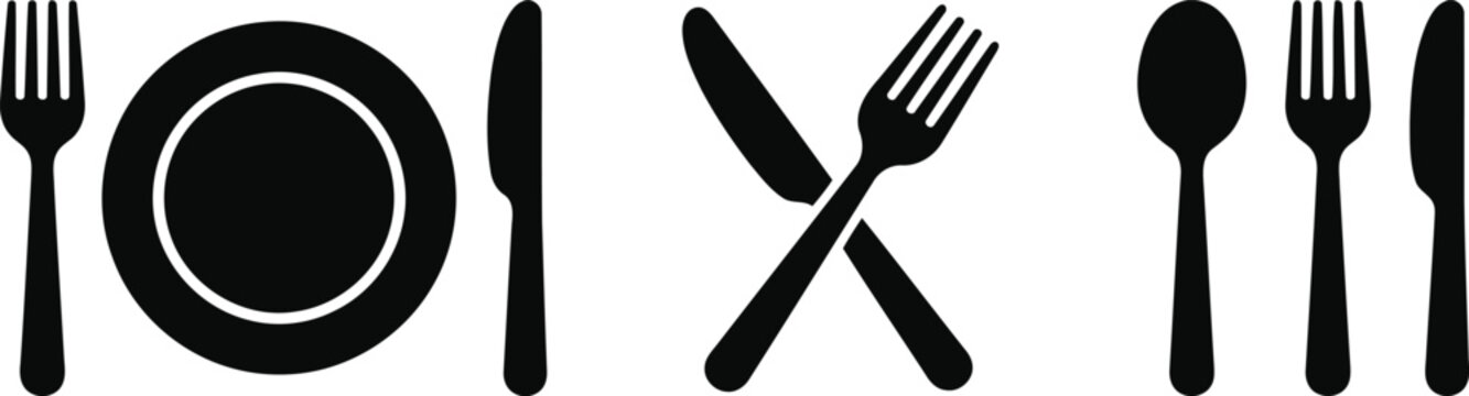 Set of cutlery icons featuring forks knives and spoons for dining tableware restaurant