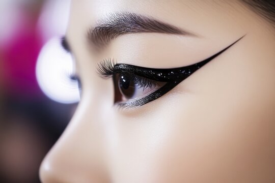 Dramatic winged eyeliner frames a captivating eye, accentuated by long lashes. A close-up showcases the artful application and delicate details.