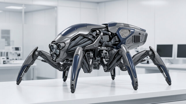 Bionik Bioroboter Biorobotics KI Suchroboter. Bionischer Biodrohnen-Prototyp in einem sterilem Industrielabor.