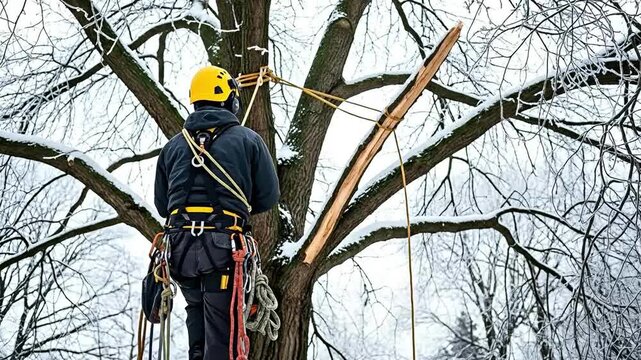 Professional arborist performing emergency tree cabling and bracing on a split branch during winter, male tree surgeon securing damaged tree limb with ropes and straps