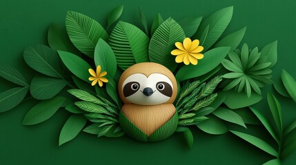 Fototapeta premium Cute sloth surrounded by green leaves and yellow flowers in a vibrant nature-inspired design