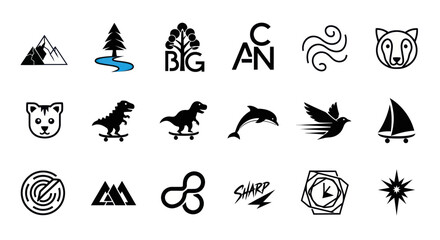 Obraz premium Vector Icons and Symbols Set: Nature, Animals, Sports, and Abstract Graphics