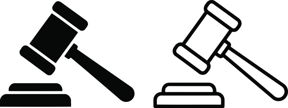Judicial judge gavel icons for legal court proceedings with judgment authority tribunal