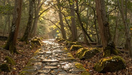 Fototapeta premium Moss covered stone path through dense wooded forest at dawn