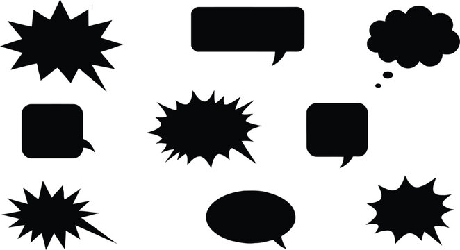 Set of black speech bubbles and thought clouds in various comic shapes with dialogue