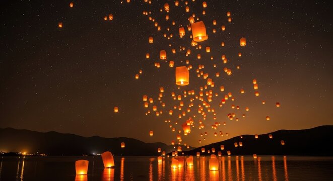 Floating Lanterns Illuminate Night Sky Over Water.