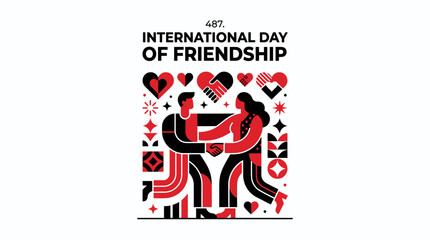 Fototapeta premium International Day of Friendship illustration with diverse people shaking hands and hearts