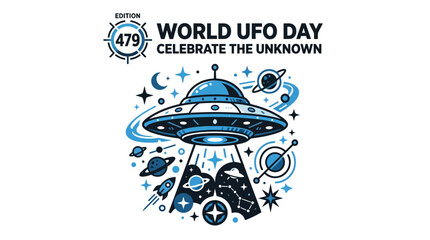 World UFO Day celebration, flying saucer beams light on planets and stars © Semut
