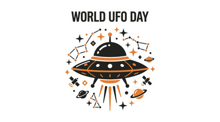 World UFO Day Celebration with Flying Saucer and Cosmic Elements © Semut