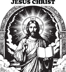 Fototapeta premium Jesus Christ vector with halo archway blessing book religious awareness cultural decorative design